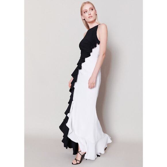Talbot Runhof Two Tone Ruffle Column Maxi Gown Black White Size 6 NWT - Picture 2 of 14